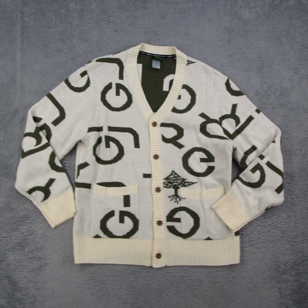 LRG Lifted Research Group Mens XL Cardigan Sweater Monogram Logo Olive Cream